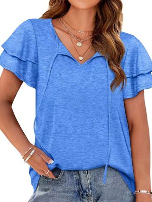 Summer Solid Color Double V Neck Loose Pullover Design Women T Shirt