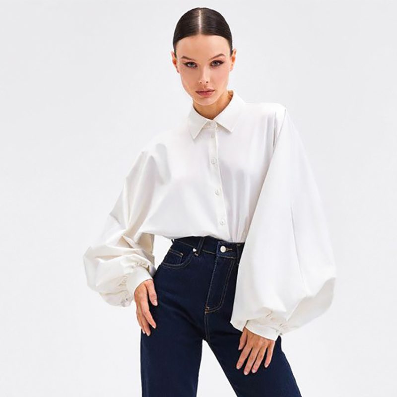 Summer French Satin High-Grade Niche Shirt Lantern Sleeve Ice Silk Cardigan Casual Solid Color - Image 3