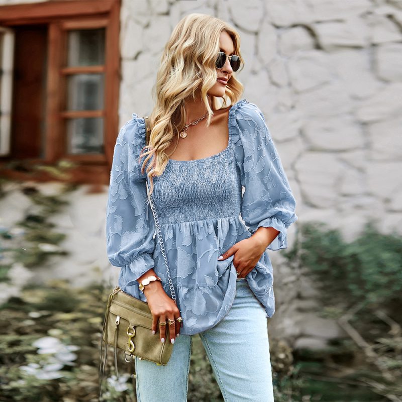 Square Collar Long Upper Outer Garment Spring Autumn All-Match Top Shirt For Women - Image 3