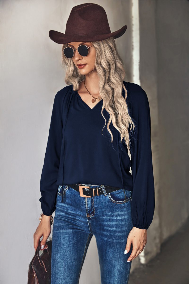 Autumn Winter Solid Color V neck Long Sleeve Top - Image 3
