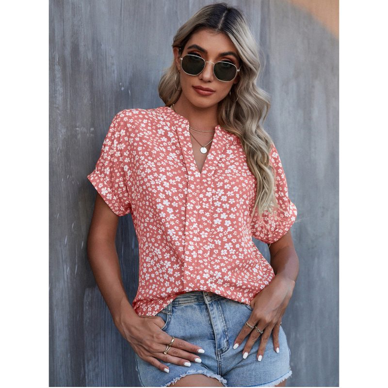Casual Shirt Pleated V Neck Short Sleeve Small Floral Shirt - Image 2