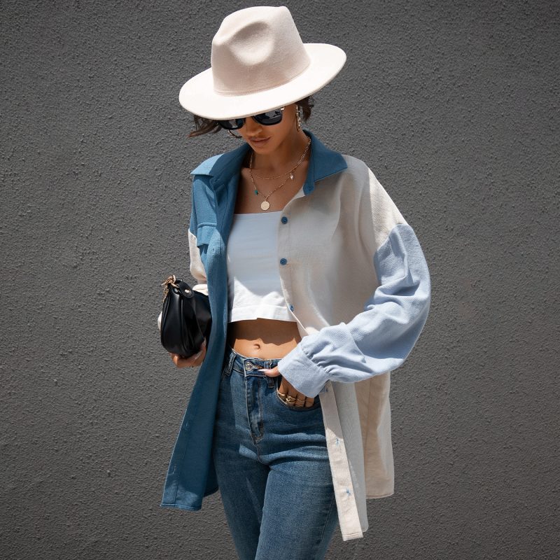 Summer Spring New  Color Block Stitching Shirt for Women - Image 2