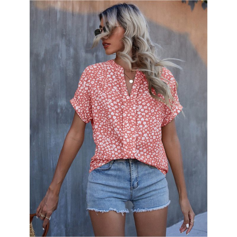 Casual Shirt Pleated V Neck Short Sleeve Small Floral Shirt - Image 3