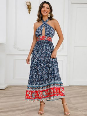 Sexy Crossover Lace up Halterneck Summer Criss Cross Women Clothing Bohemian Vintage Floral Dress