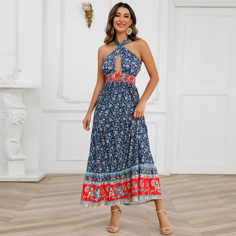 Sexy Crossover Lace up Halterneck Summer Criss Cross Women Clothing Bohemian Vintage Floral Dress