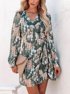 Summer Printed Long Sleeve V-neck Vacation Casual Dress for Women