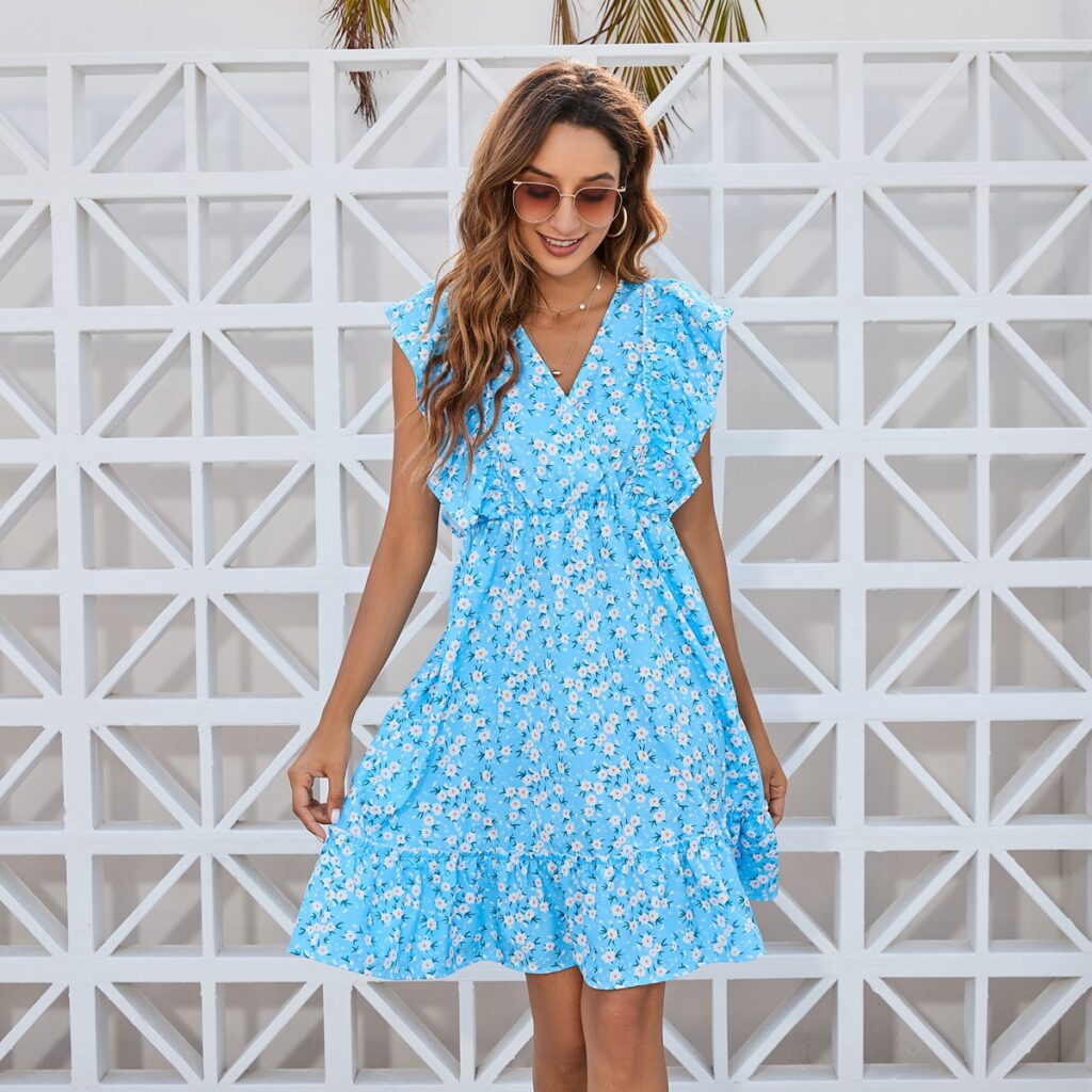 Floral Flounce Lace up Short Sleeve V neck Dress High Waist Short