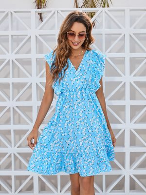 Floral Flounce Lace up Short Sleeve V neck Dress High Waist Short