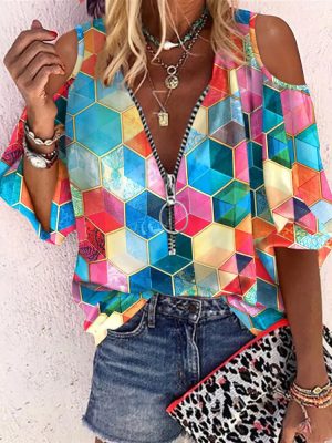 Summer Printed V-neck Zipper off-Shoulder Loose Casual Shirt