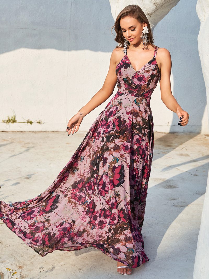 Spaghetti Strap Floral Print Long Holiday Dress - Image 4