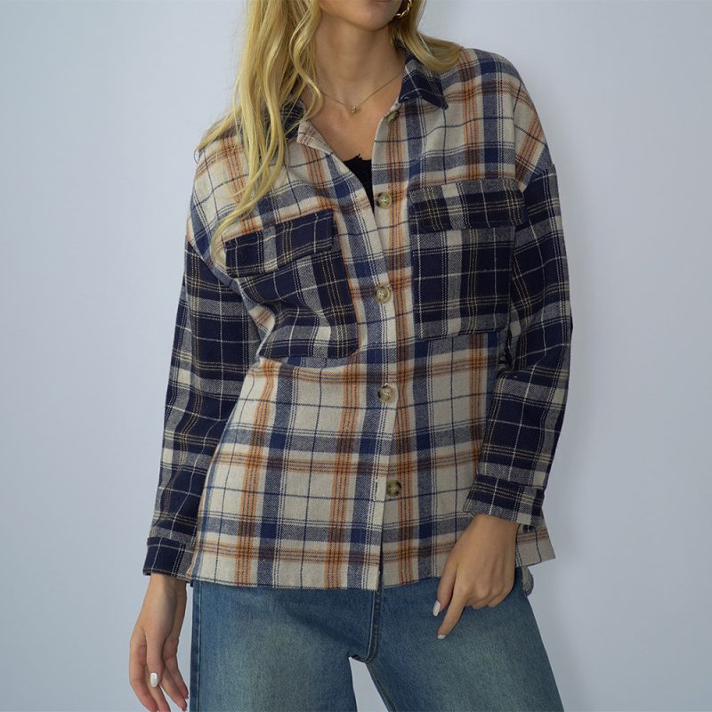 Women Clothing Spring Autumn Loose Stitching Off Shoulder Plaid Long Sleeve Single Breasted T Shirt Sweater Women - Image 2