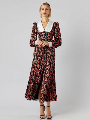 Early Spring Dignified Sense of Design Printed Maxi Dress Doll Collar Waist Slimming Long Sleeve Dress