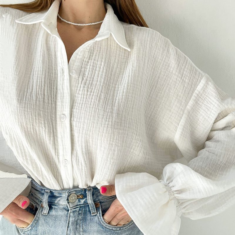 Autumn Flared Sleeves Long Sleeves Shirt Pure Cotton Casual Office Niche White Shirt For Women - Image 2
