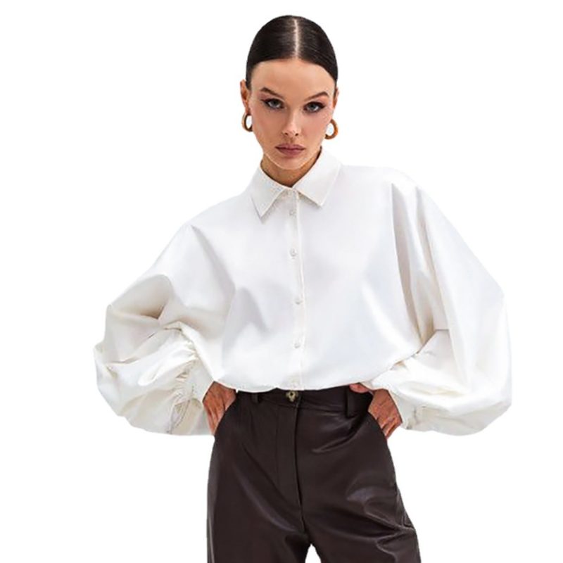 Summer French Satin High-Grade Niche Shirt Lantern Sleeve Ice Silk Cardigan Casual Solid Color - Image 5