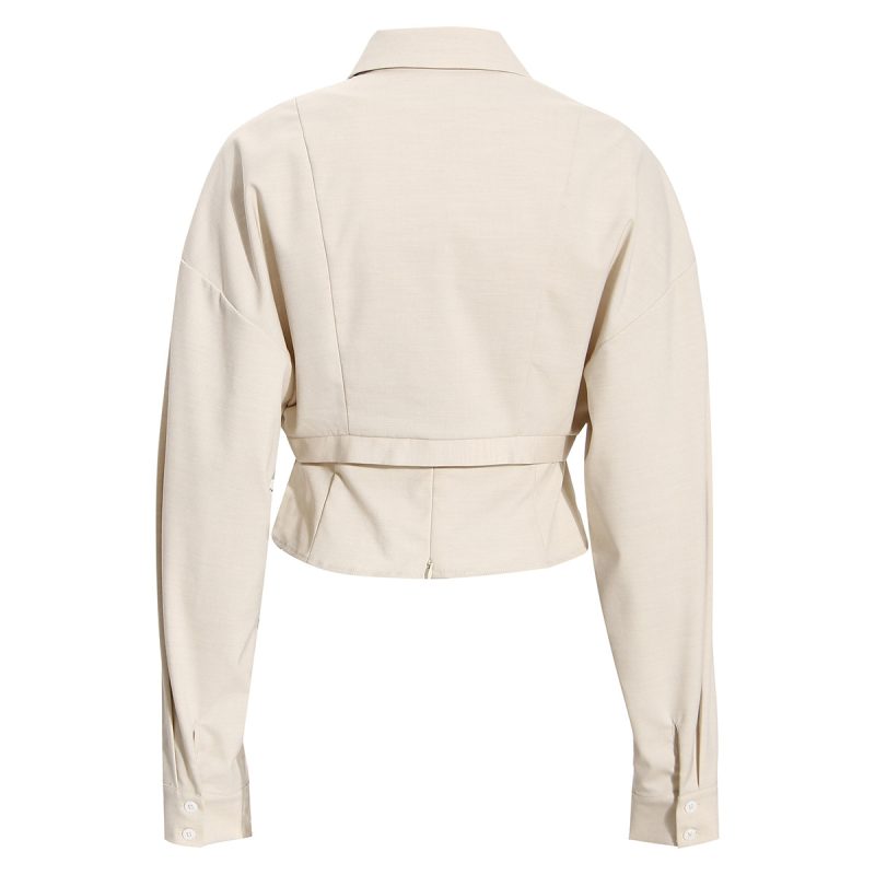 Niche Two-Piece Women Curved Placket Long Sleeve Short Shirt Pleated Drawstring Camisole Suit - Image 2