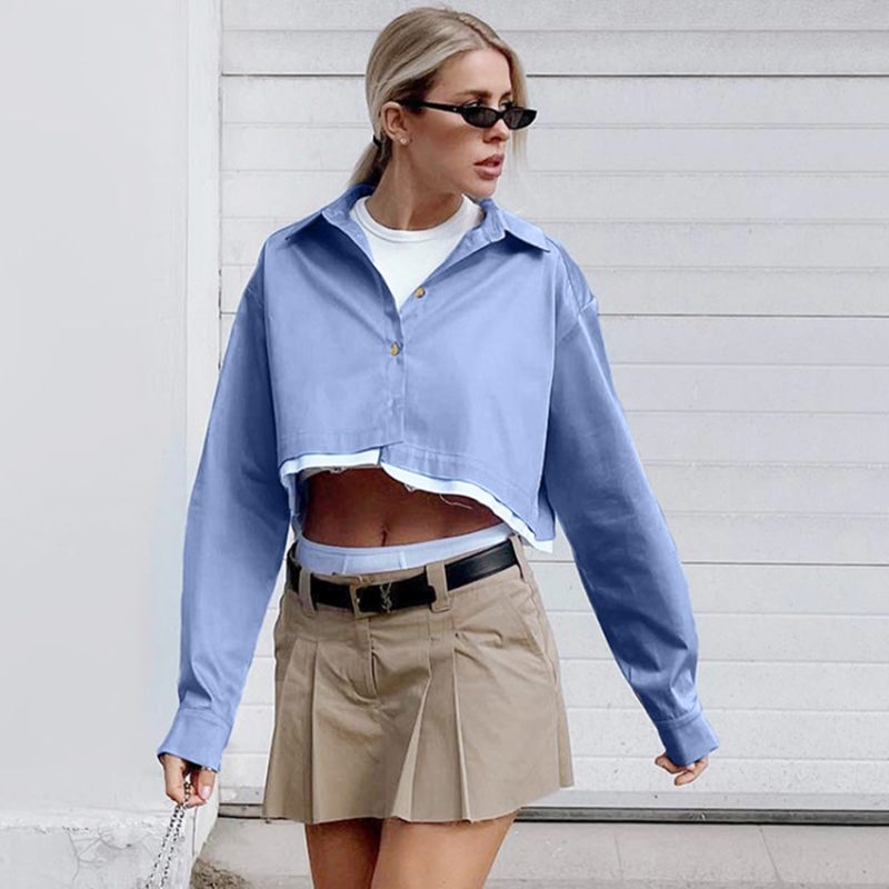 Early Autumn Long Sleeve Short Stitching Contrast Color Shirt Office Special Shirt Women Clothing - Image 2
