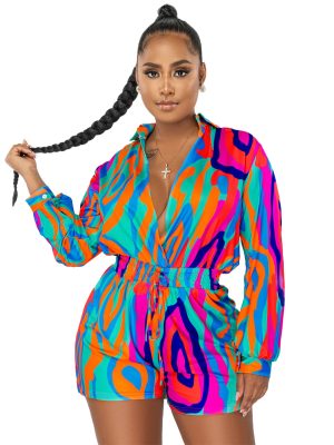 Women Clothing Fall Winter Printed Shirt Collar Casual Jumpsuit