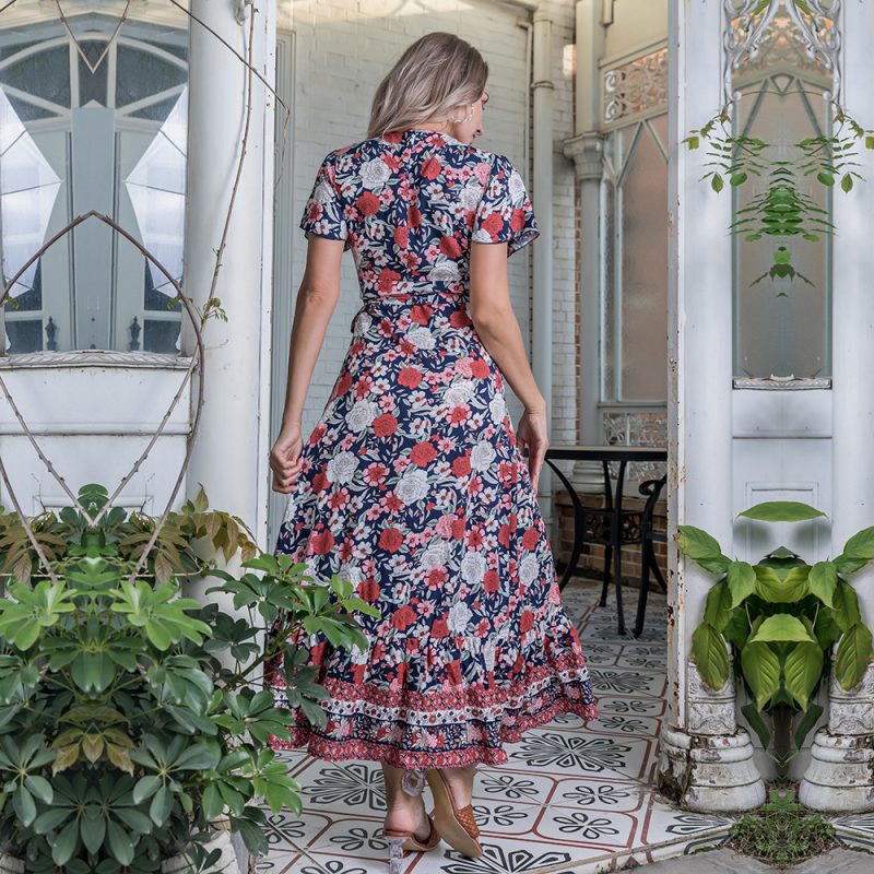 Summer New Women Clothing  Printed Slim Dress Short Sleeve V-neck Dress - Image 2