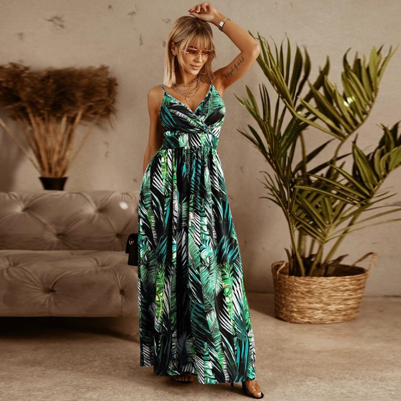 Women Clothing Summer Sexy Slim Fit V-neck Strap Floral  Bohemian Beach Dress - Image 2