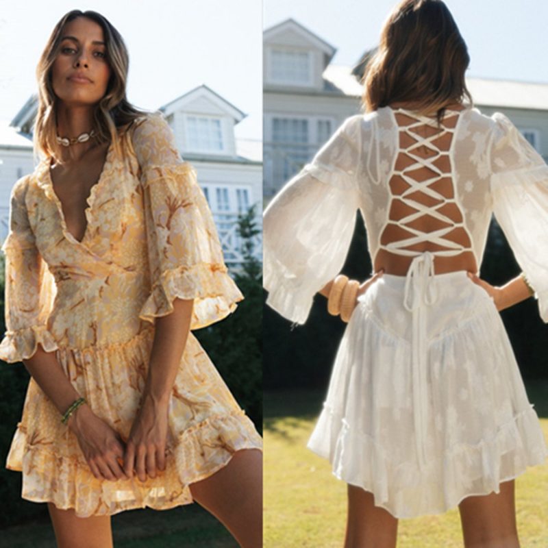 Women  Clothing V-neck Flared Sleeves Back Lace Printing Dress - Image 2