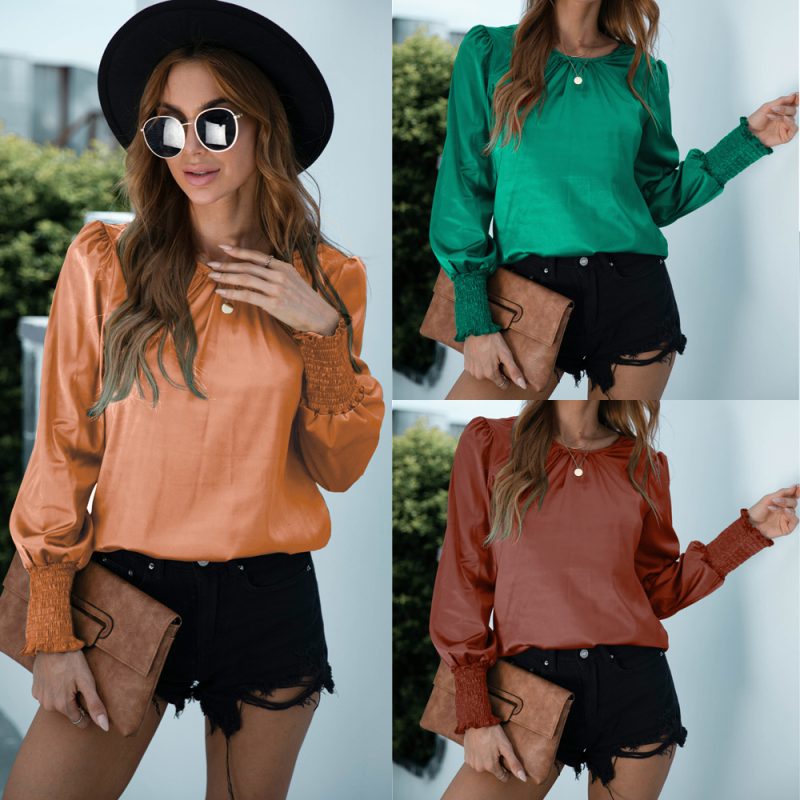 Spring Autumn Smocking Long Sleeve Solid Color round Neck Shirt - Image 2