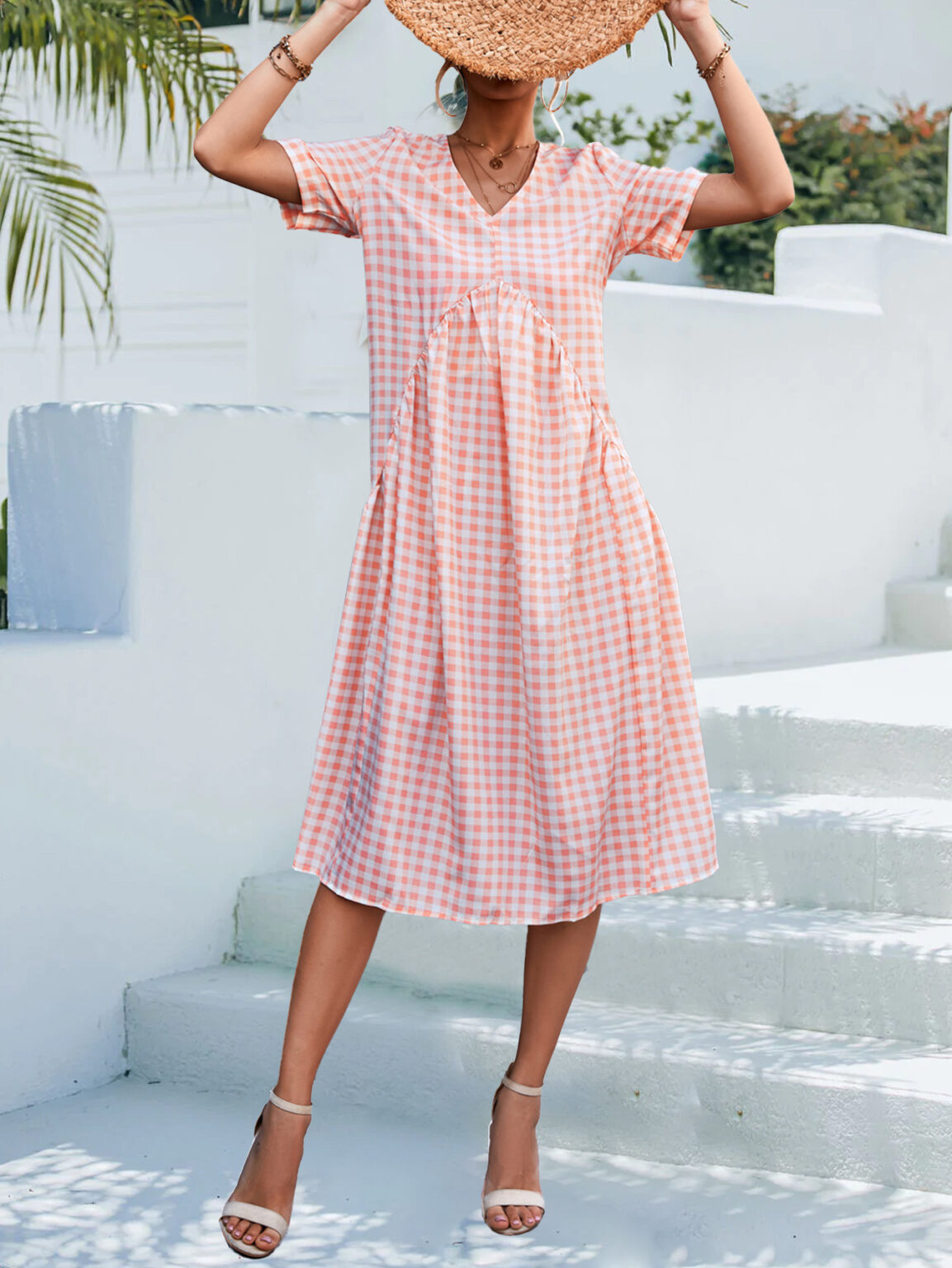 Spring Summer Popular Sexy V neck Short Sleeve Pleated Plaid Maxi Dress - Image 4