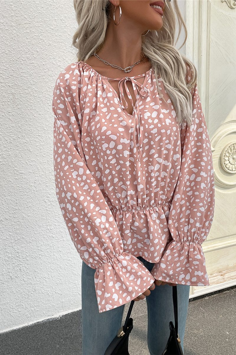 Autumn Women Clothing Classic Printing Lace up V neck Long Sleeve Top - Image 3