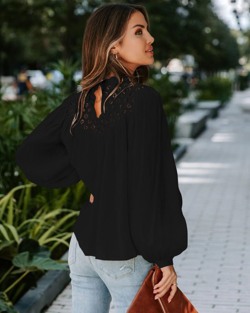Women Clothing Long Sleeve Shirt Lace Hollow Out Cutout Stitching Pullover Top Shirt - Image 3