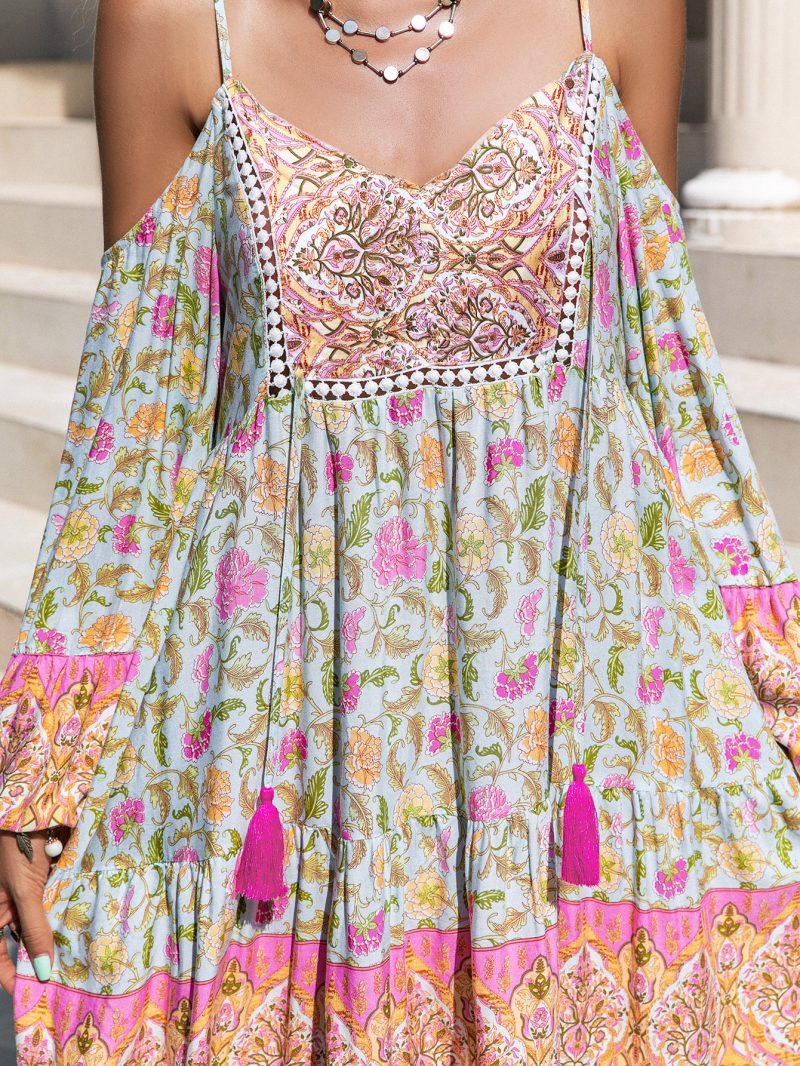 Loose Printed Off Shoulder Tassel Dress Vacation - Image 5