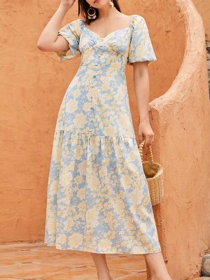 Women Clothing Bubble Sleeve French Women Dress Ten Or Three Lines Ink Painting Dress Slim Fit Sweet Dress