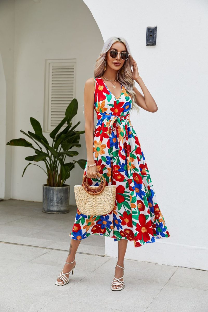 Summer Holiday V Neck Corset Large Floral Beach Dress - Image 2