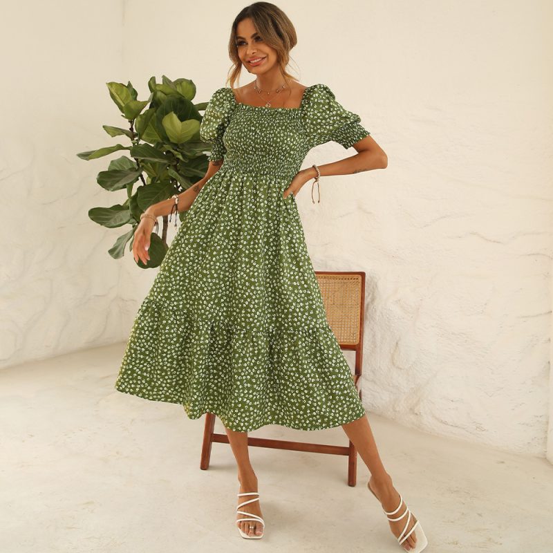 Women Clothing Summer Square Collar Smocking Puff Sleeve Ruffled Dress Long  Tiered Dress