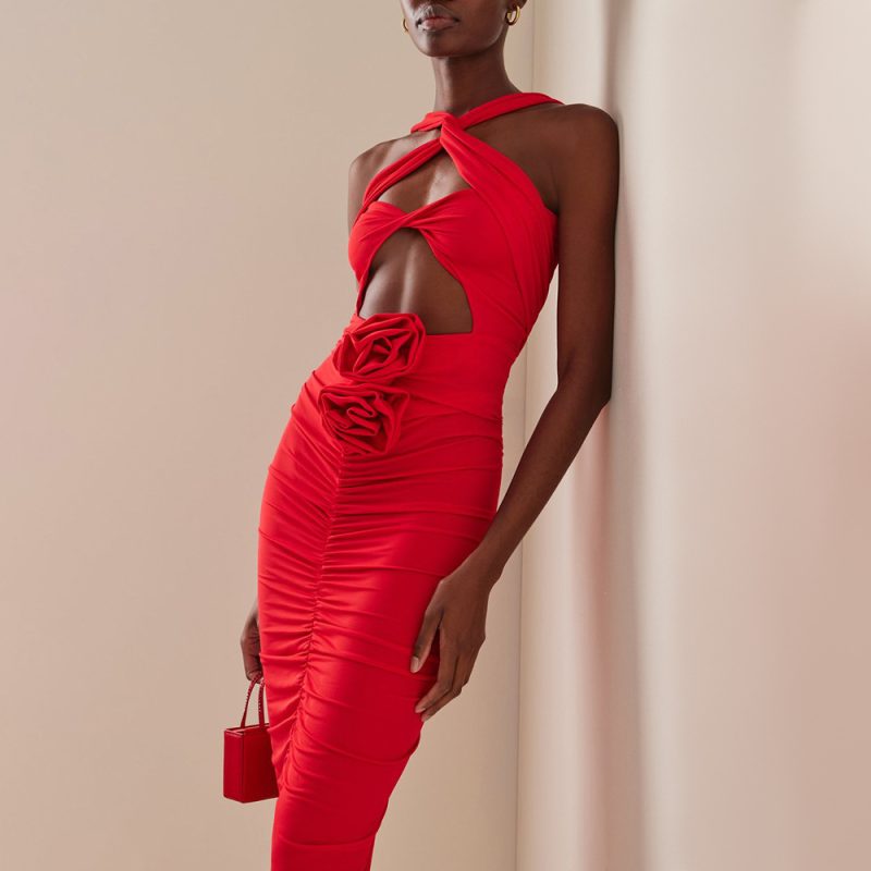 Spring Summer Red Cross Halterneck Cutout Floral Pleated Hip Women Clothing Stitching Dress 3D Decoration - Image 2