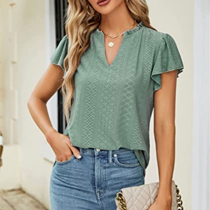 Summer Women Clothes Solid Color V neck Double Layer Ruffled Hollow Out Short Sleeve Women Casual T shirt - Image 2