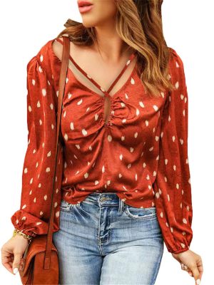 Printed Polka Dot Shirt Women Summer V-neck Criss Cross Drawstring Printed Puff Sleeve Top