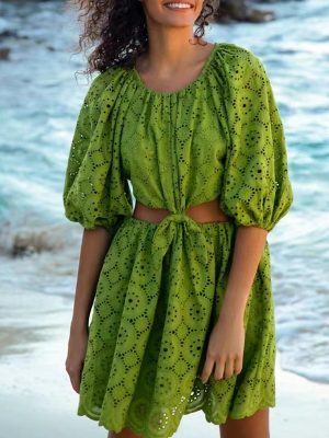 Seaside Holiday Machine Embroidery Flounced  Autumn round Neck Puff Sleeve Waist Hollow Out Cutout Tied Dress