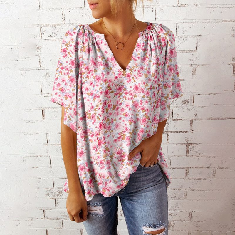 Summer Top Women V neck Printed Short Sleeve Loose Casual Pullover Shirt Women - Image 2