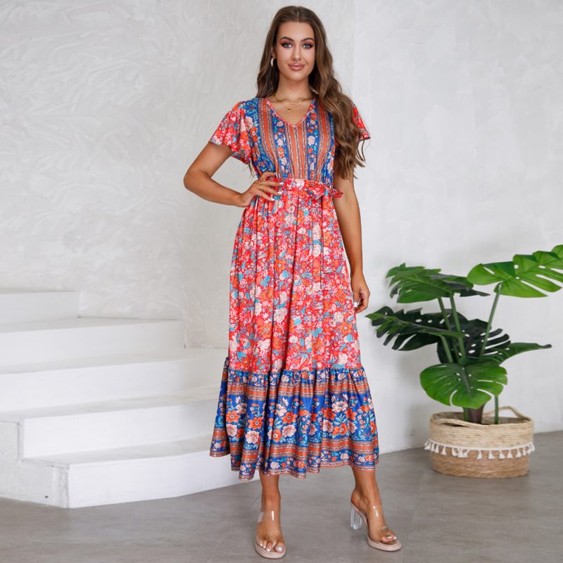 Women Clothing Summer V neck Ruffle Sleeve Floral Print Maxi Dress - Image 3