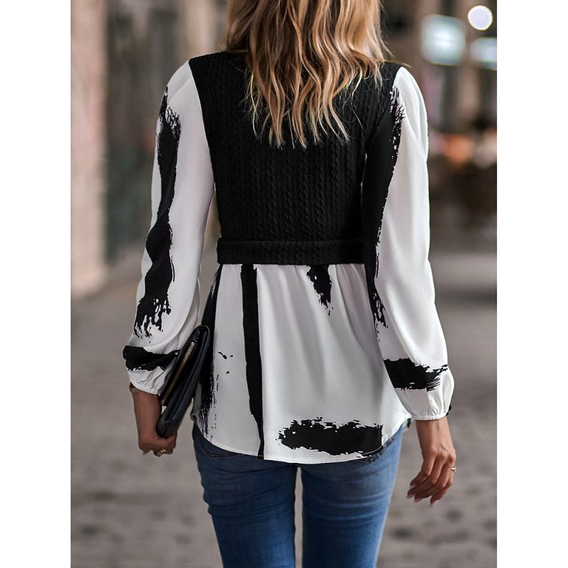 Women Round Neck Patchwork Top Spring Long Sleeve Shirt Women - Image 4