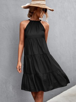 Spring Summer Halter Strap Gathers Stitching Dress for Women