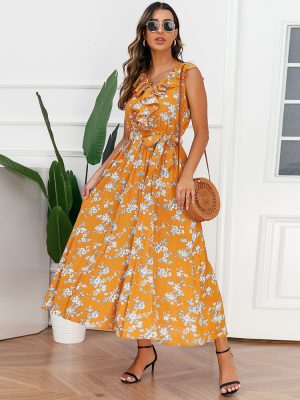 Women Clothing Sexy V neck Floral Pleated Summer Chiffon Maxi Dress