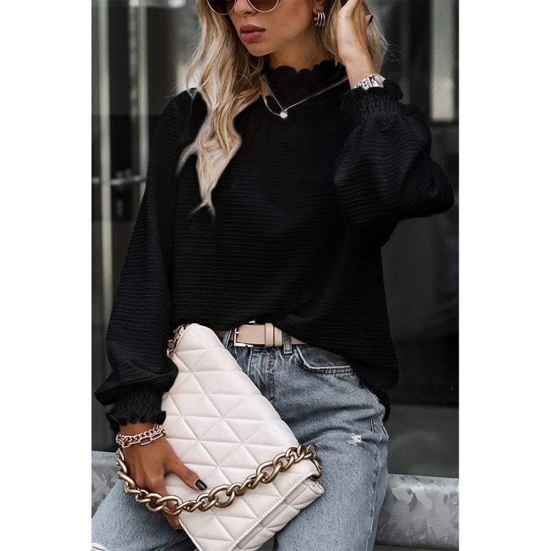 Women Pleated Neck Texture Long Sleeved Top Loose All Matching Simple Bottoming Shirt - Image 4
