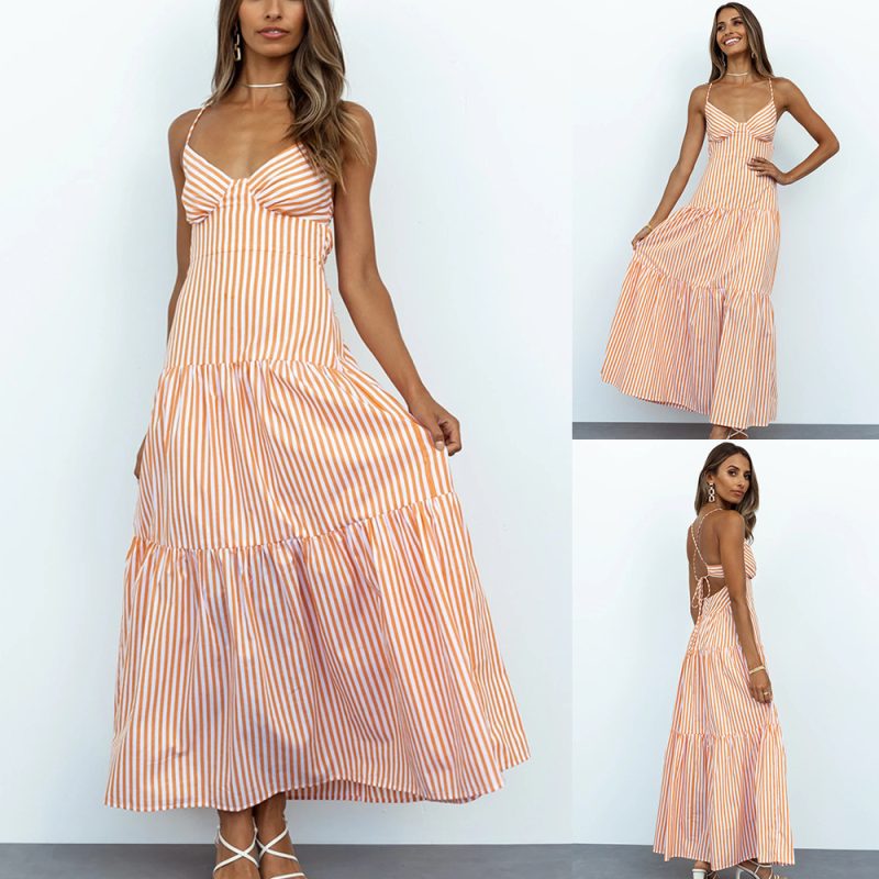 New Women Clothes Striped Halter Lace-up Lotus Leaf Stitching Dress Fashion - Image 5
