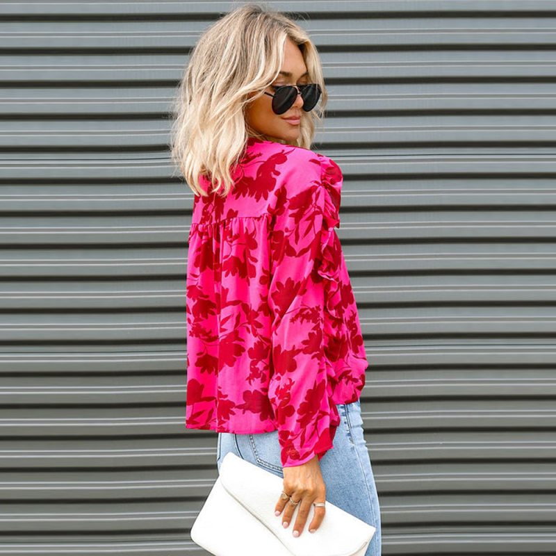 Rose Pleated Printed Shirt Autumn Loose V neck Chiffon Shirt Top - Image 3