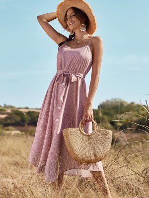 Summer Pink Floral Belt Strap Dress