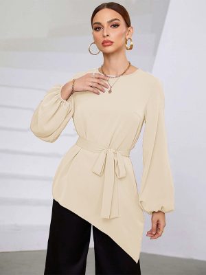 Women Clothing Irregular Asymmetric Early Autumn Top Cinched Long Sleeve Women Shirt