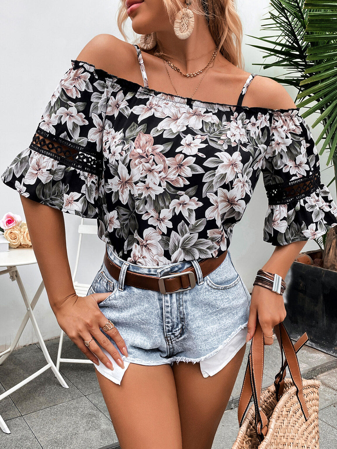 Women Clothing Spring Summer Casual Loose Lace Floral Shirt - Image 2