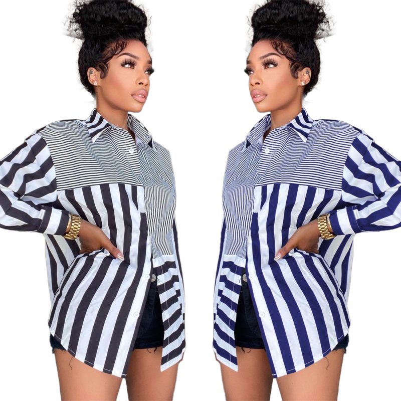 Autumn New  Women  Clothing Fashion Ladies Striped Printing Loose Shirt - Image 2
