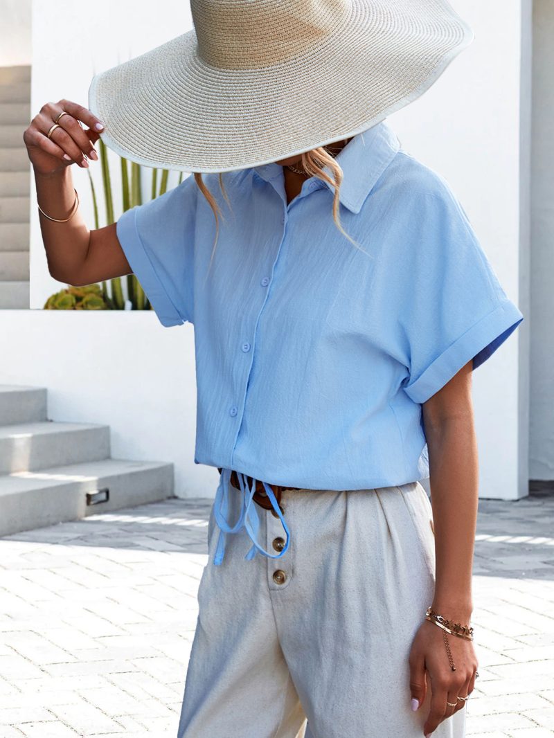 Women Clothing Spring Summer Solid Color Polo Collar Loose Bundle Short Sleeve Shirt - Image 4