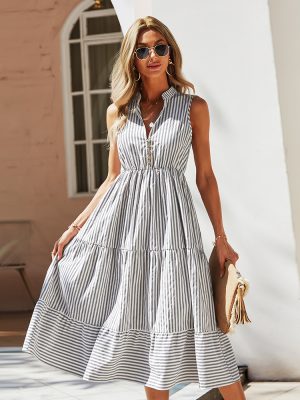 Shirt Collar Waist-Controlled Large Hem Dress Summer Stripes